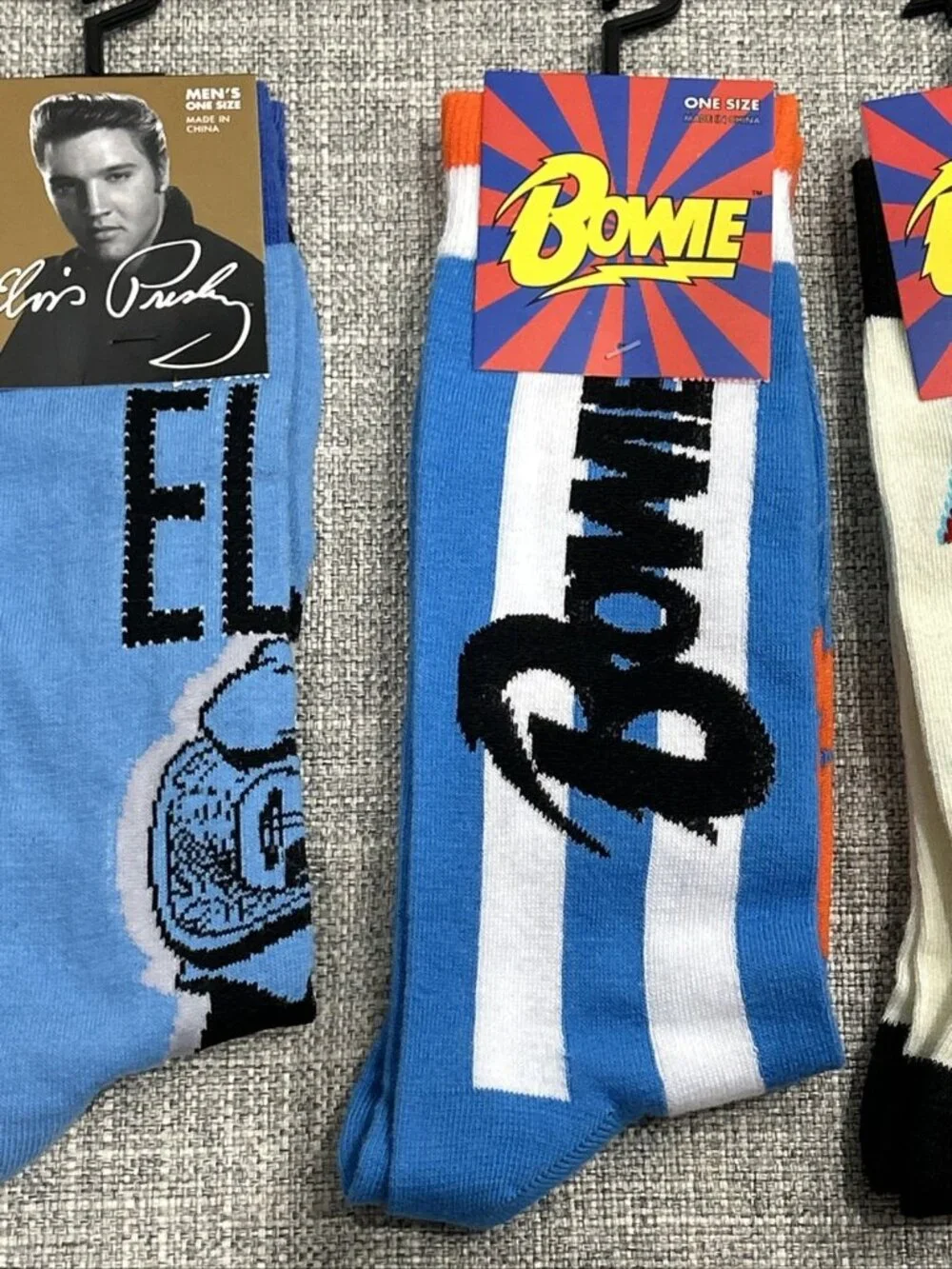 Lot of 3 Novelty Crew Socks Pop Culture Elvis Presley, Rock N Roll, David Bowie